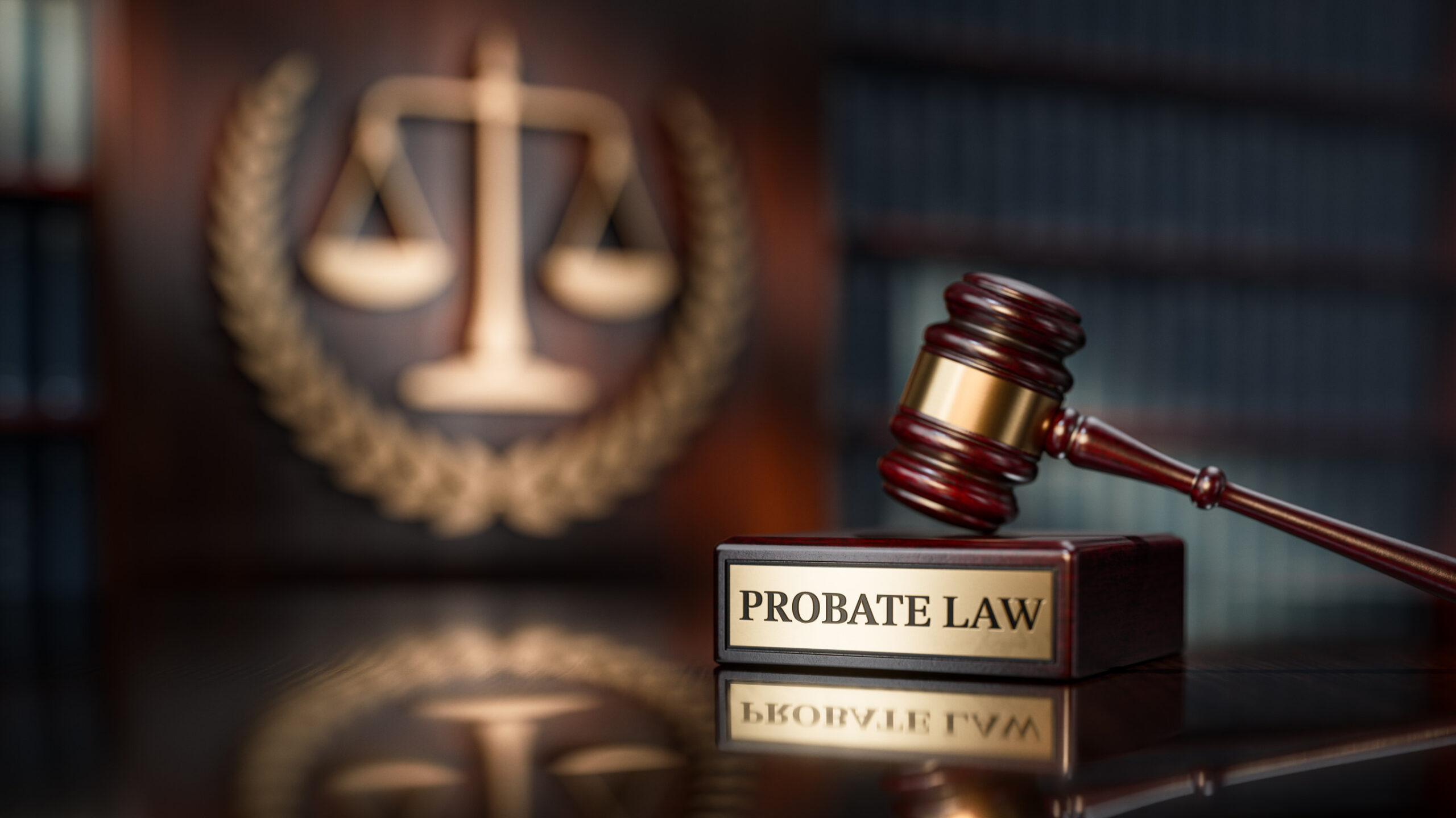 A judge's gavel rests on a wooden block labeled "Probate Law," symbolizing the probate process, with blurred scales of justice and law books in the background.