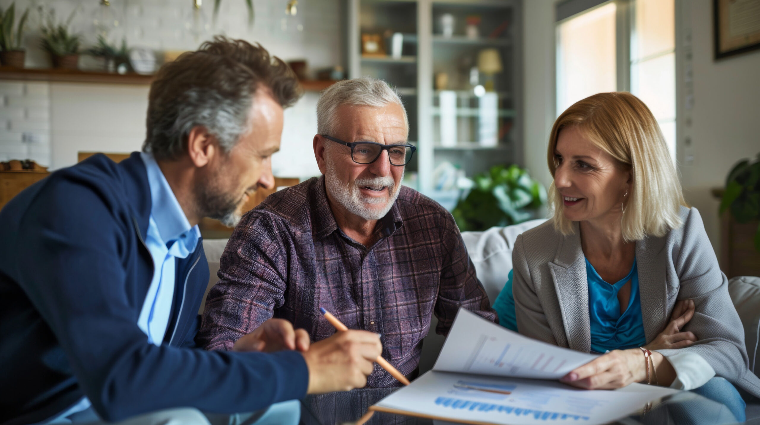 Three people, two men and one woman, sit together at a table, smiling and discussing will planning documents and charts in a cozy, well-lit home with shelves and plants in the background.
