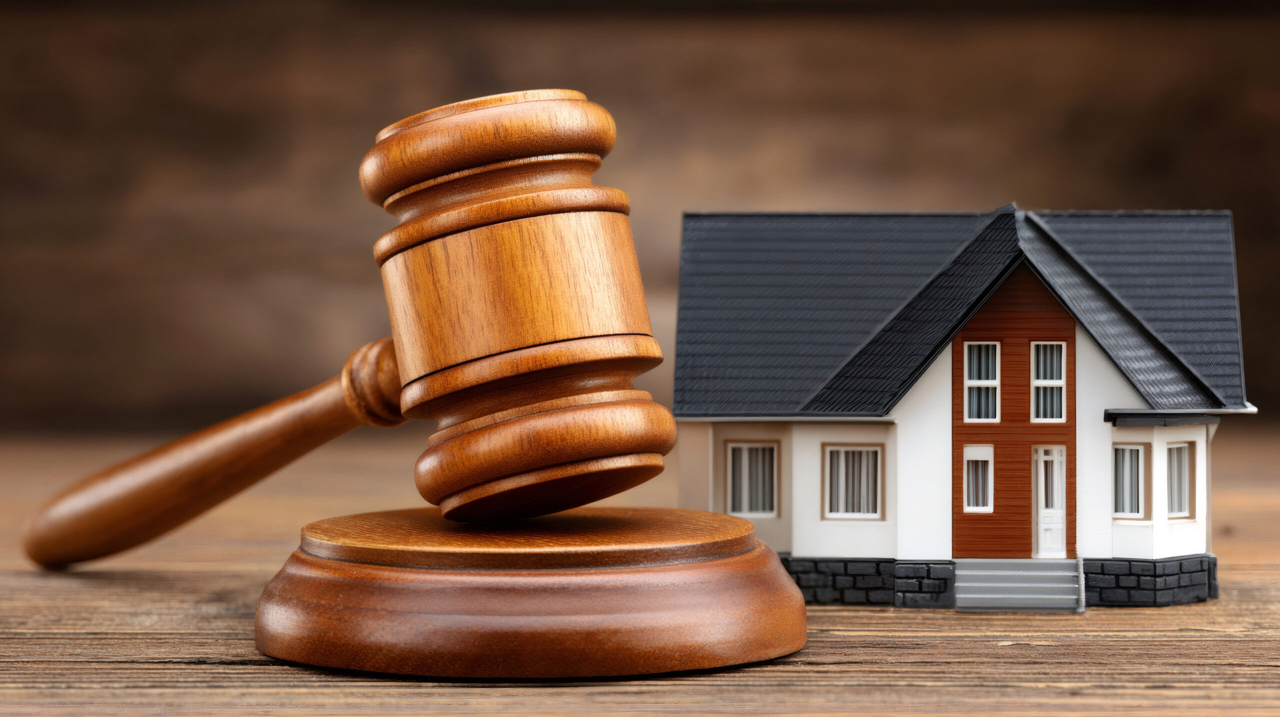 A wooden judge's gavel rests on its base next to a small model house, symbolizing legal issues such as landlord-tenant disputes or property law concerns.
