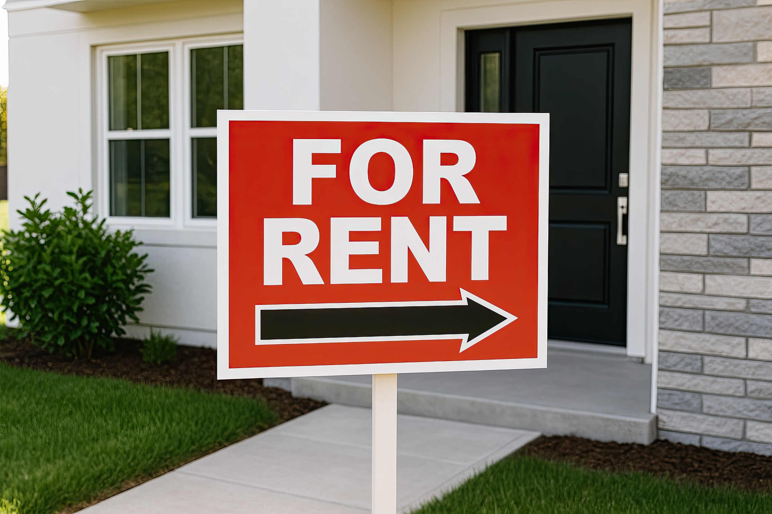 A red "For Rent" sign with a white arrow stands in front of a modern house, perfect for those seeking residential lease agreements, featuring a black front door, white windows, stone facade, green grass, and shrubs.